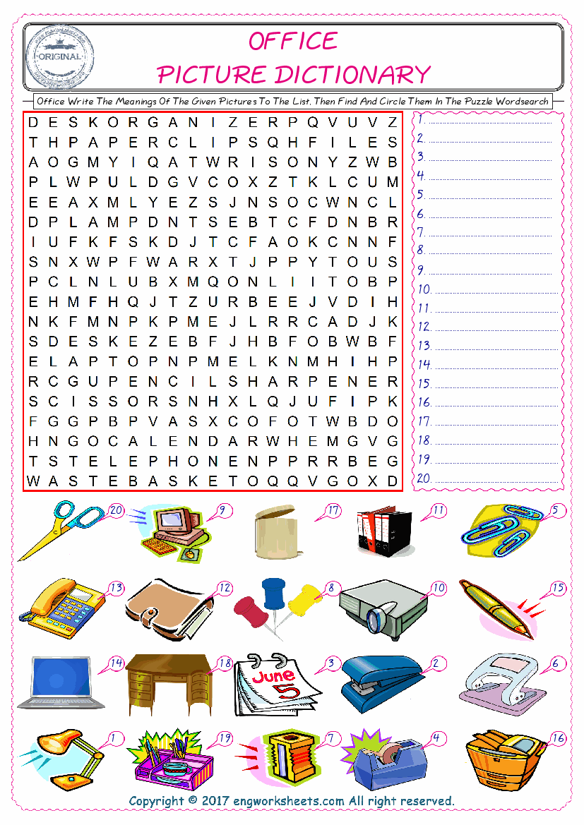  For kids, check the picture of Office find, and write the word and find it in the word puzzle ESL printable worksheet. 